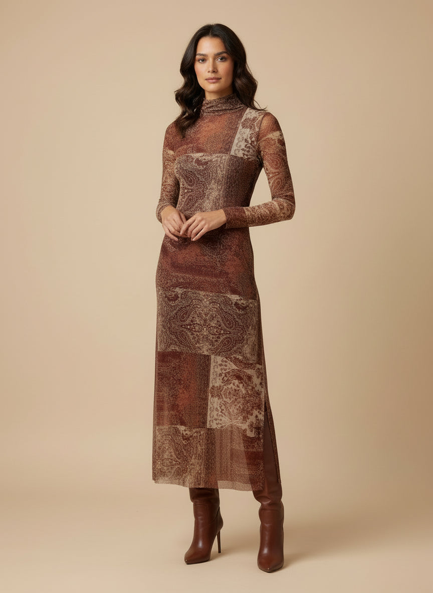 Vestido Midi Patchwork Terracota