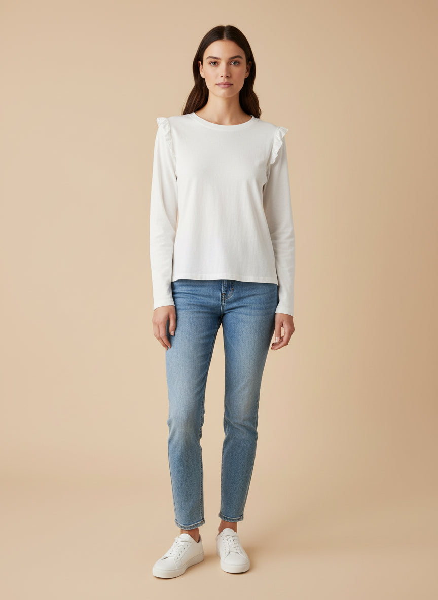 Camiseta de manga larga con volantes en los hombros