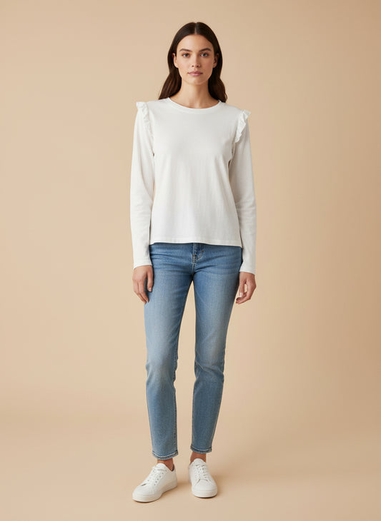 Camiseta de manga larga con volantes en los hombros