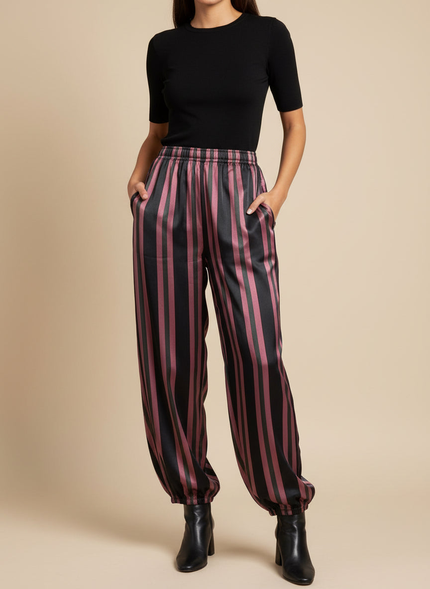 Pantalón Satinado Rayas Burgundy