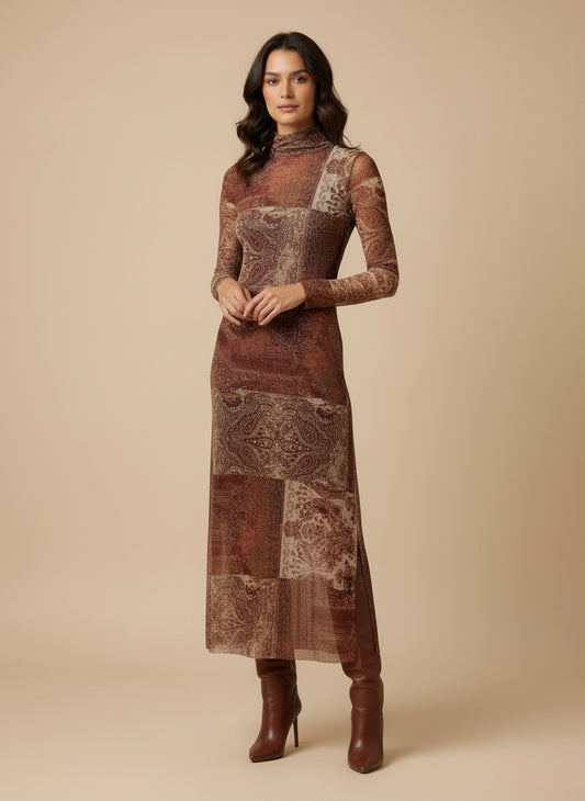 Vestido Midi Patchwork Terracota