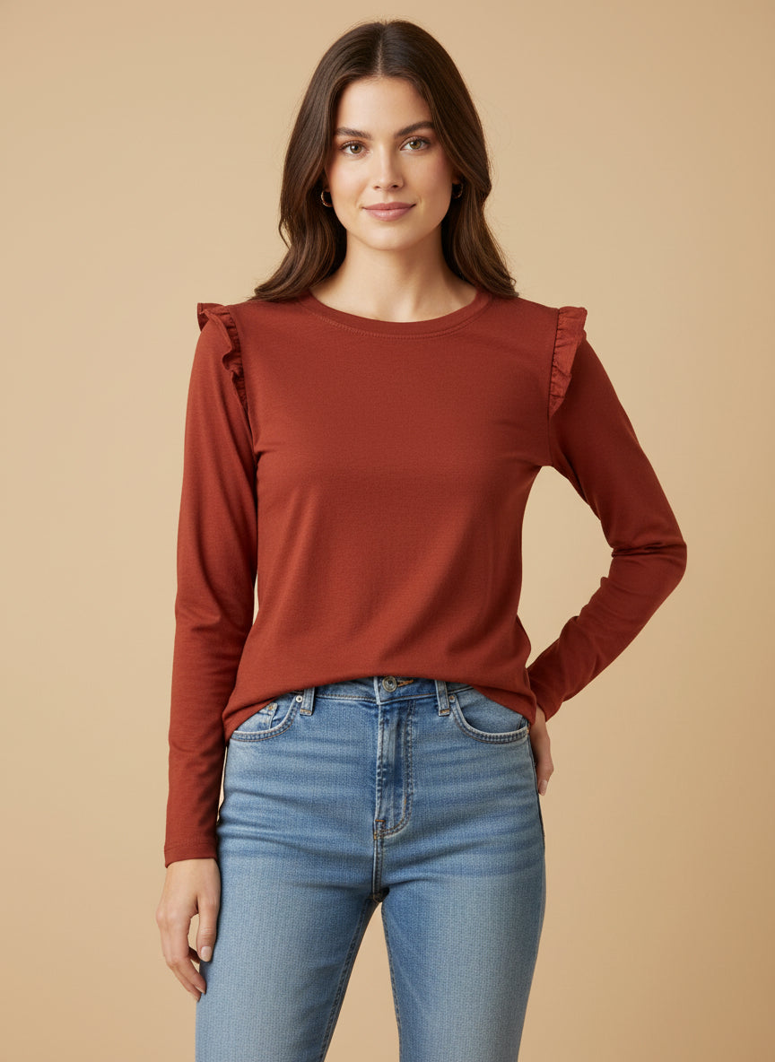 Camiseta de manga larga con volantes en los hombros