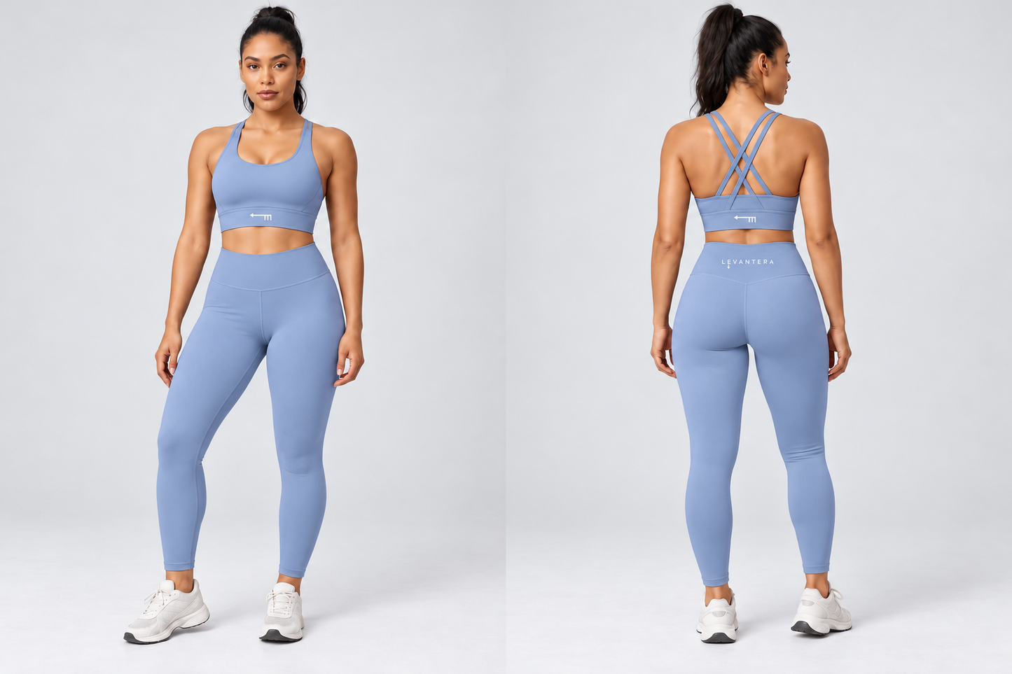 Conjunto Poniente Azul grisáceo con logos Levantera · frente y espalda · recreación