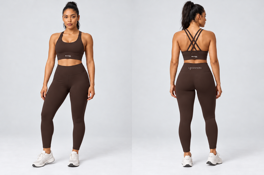 Conjunto Poniente Café con logos Levantera · frente y espalda · recreación
