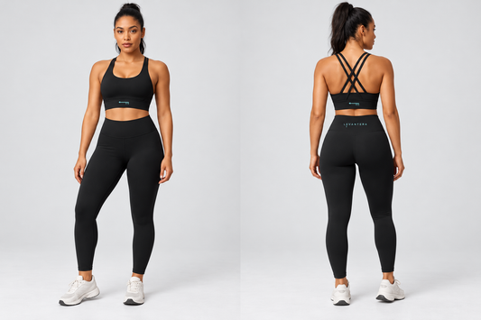 Conjunto Poniente Negro con logos Levantera · frente y espalda · recreación